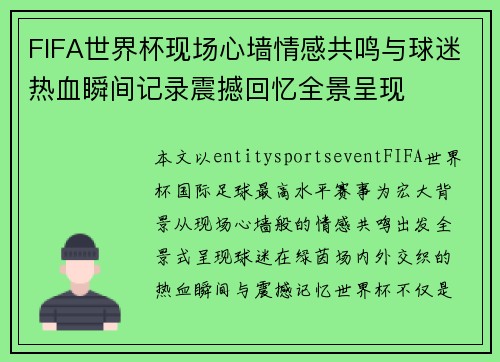 FIFA世界杯现场心墙情感共鸣与球迷热血瞬间记录震撼回忆全景呈现
